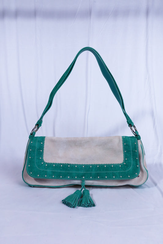 Beige & Green Suede Vintage Burberry Shoulder Bag