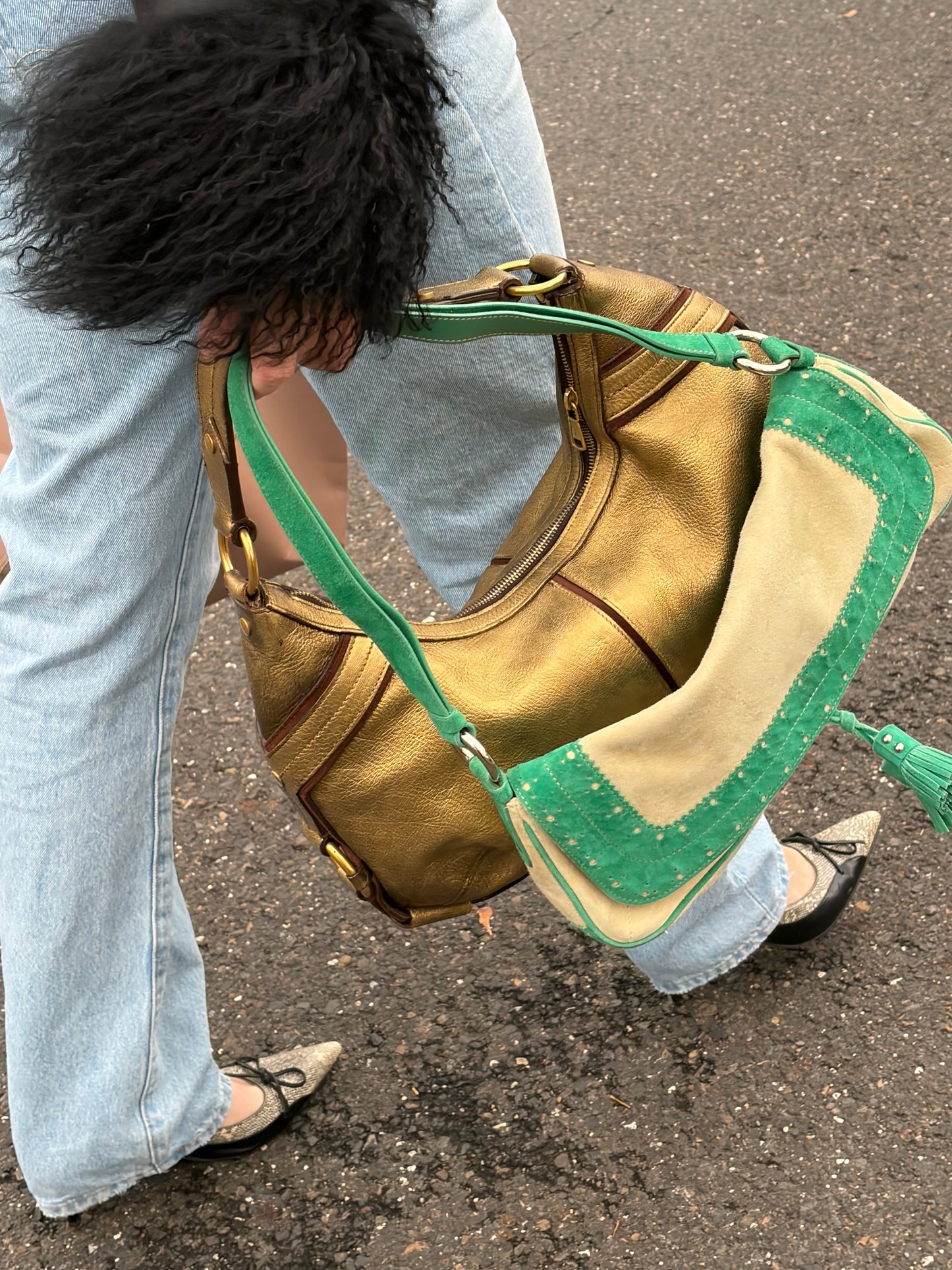 Beige & Green Suede Vintage Burberry Shoulder Bag