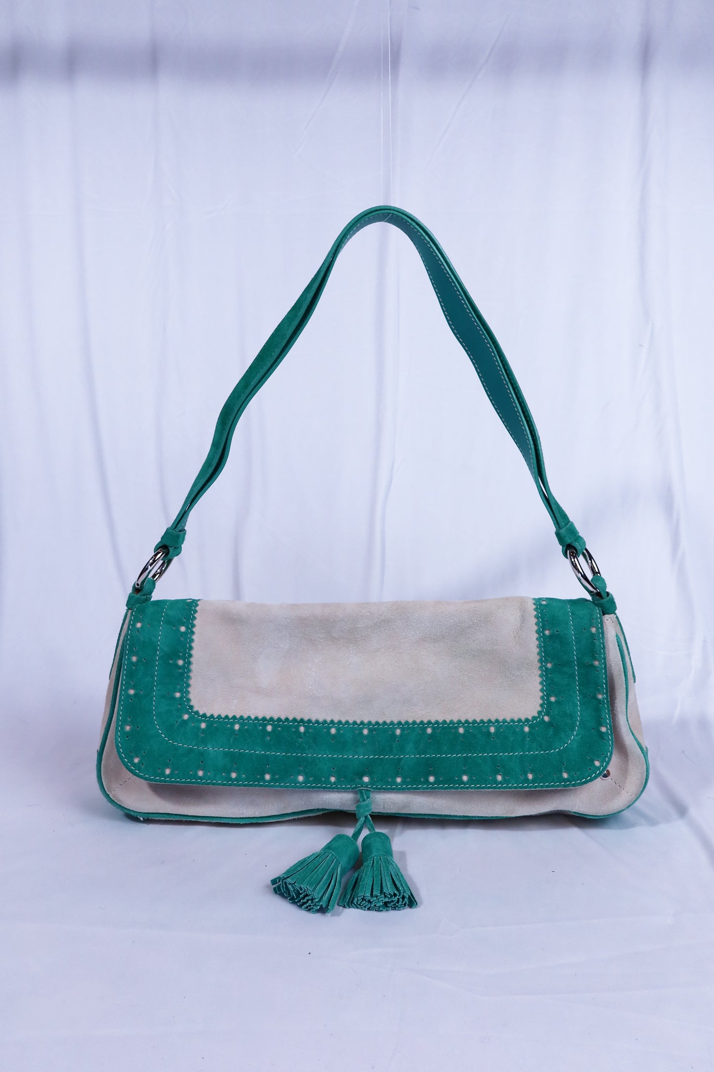 Beige & Green Suede Vintage Burberry Shoulder Bag