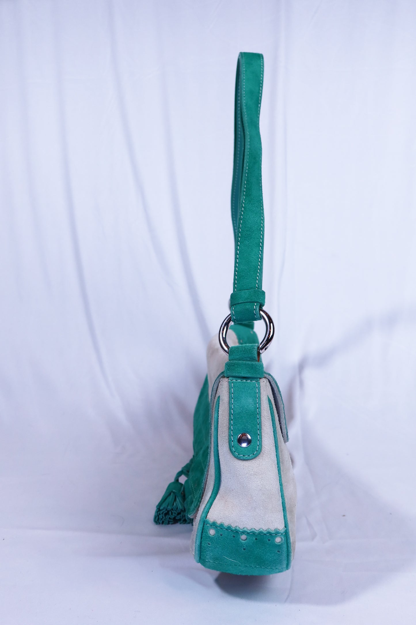 Beige & Green Suede Vintage Burberry Shoulder Bag