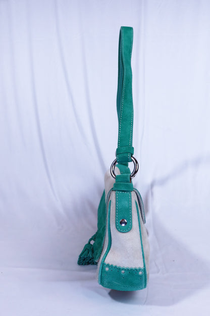 Beige & Green Suede Vintage Burberry Shoulder Bag