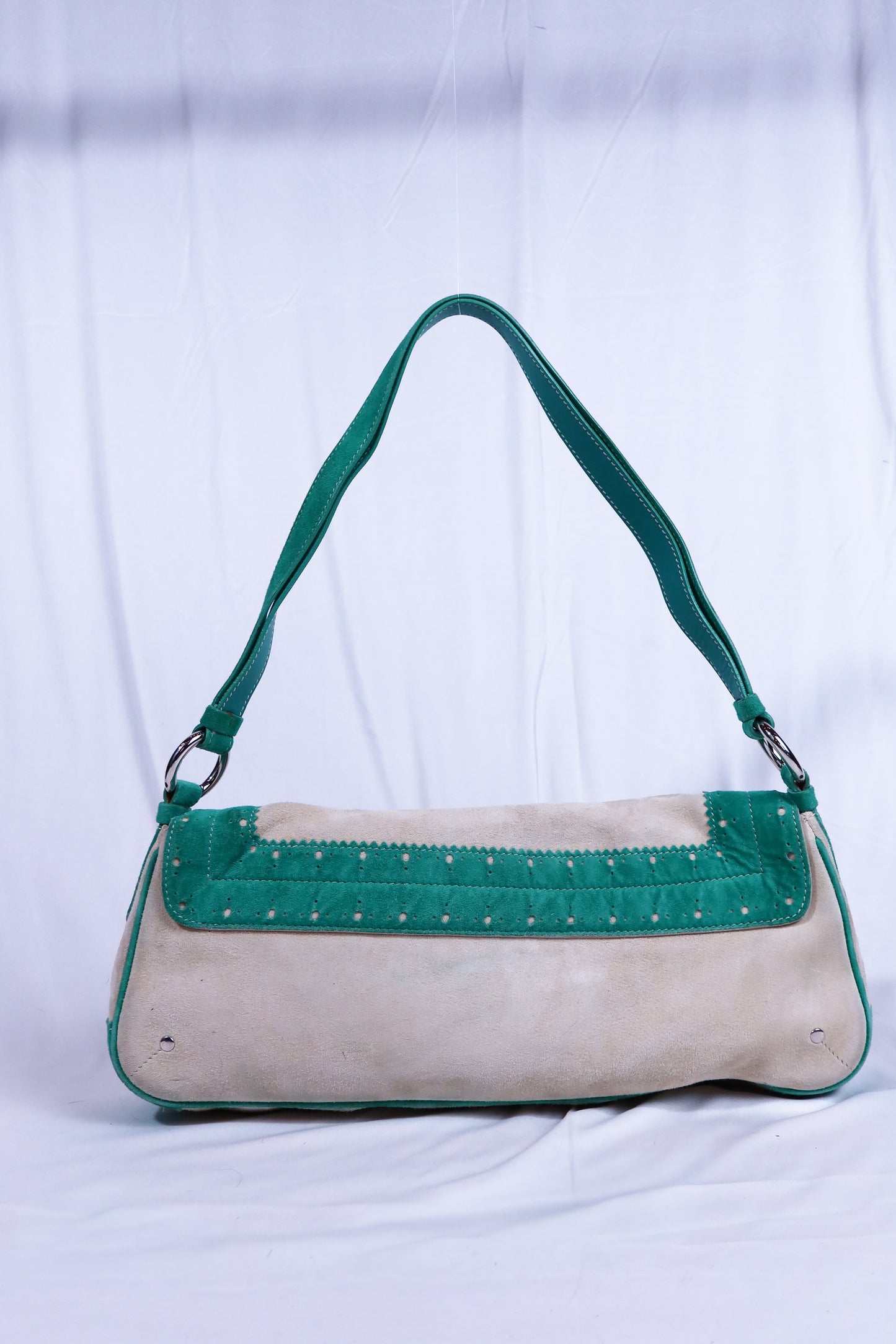 Beige & Green Suede Vintage Burberry Shoulder Bag