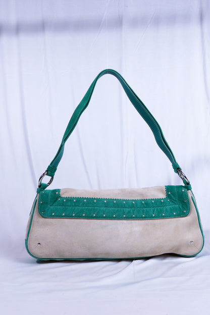Beige & Green Suede Vintage Burberry Shoulder Bag
