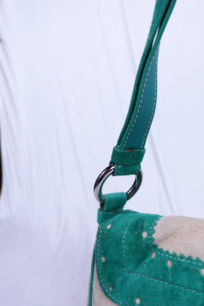 Beige & Green Suede Vintage Burberry Shoulder Bag