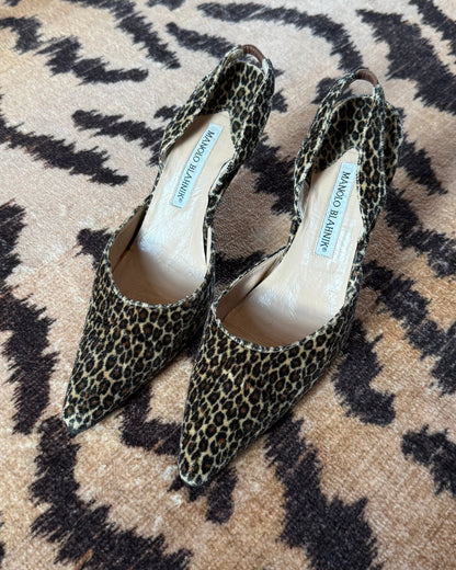 Pair of leopard print shoes on a tiger print rug surface